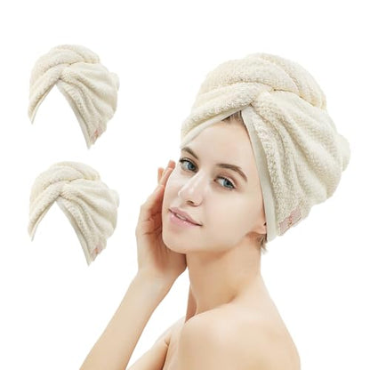 M-bestl 2 Pack Microfiber Hair Towel Wrap with Button to Dry Hair Quickly | Hair Drying Towel , Absorbent and Soft,Anti-frizz Towel (Beige&Beige) - color: Beige&beige