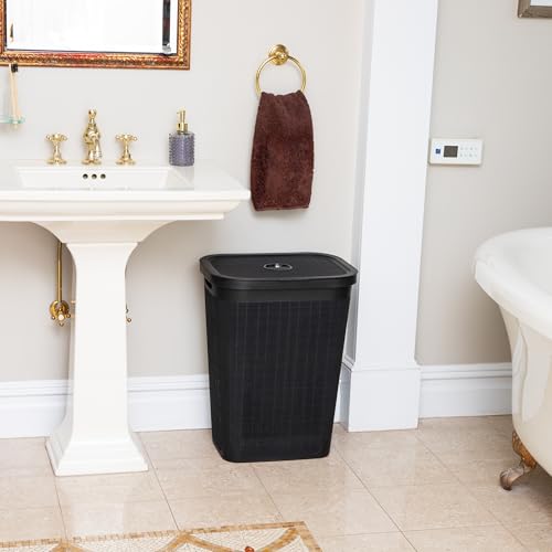 Mind Reader 60L Slim Laundry Hamper, Clothes Basket, Lid, Linen Design, Plastic, Black - color: Black