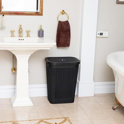 Mind Reader 60L Slim Laundry Hamper, Clothes Basket, Lid, Linen Design, Plastic, Black - color: Black