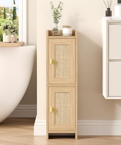 Akxomel Rattan Small Bathroom Cabinet Narrow Toilet Paper Organizer Oak | 7.9''D x 7.9''W Bathroom Organizer and Storage Cabinet for Small Space, Slim Corner Unit with Adjustable Shelf - color: Natural Oak, size: 7.9''D x 7.9''W x 27.6''H