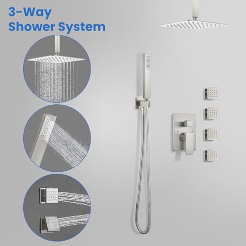 gotonovo Ceiling Shower System with 4pcs Full Body Jets,Brushed Nickel | SUS304 12’’ Rain Shower Head with Handheld Spray,Brass Body Message Jets,Ceiling Mount,Rough-in Valve and Trim Kit,All Metal - color: Nickel