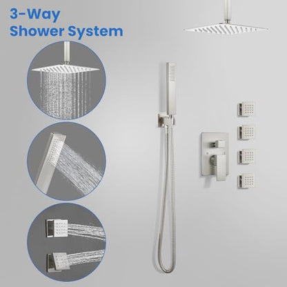 gotonovo Ceiling Shower System with 4pcs Full Body Jets,Brushed Nickel | SUS304 12’’ Rain Shower Head with Handheld Spray,Brass Body Message Jets,Ceiling Mount,Rough-in Valve and Trim Kit,All Metal - color: Nickel