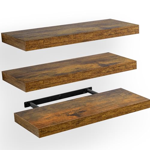 AMADA HOMEFURNISHING Floating Shelves, Wall Shelves for Bathroom/Living Room/Bedroom/Kitchen Decor, Decor Shelf with Invisible Brackets Set of 3, Rustic Brown - AMFS07V - color: Rustic Brown, size: 15.7 Inches