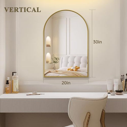 Gold Arched Mirror 20x30in, Metal Framed Bathroom Vanity Wall | Tempered Glass, Shatter Proof, Living Room Bedroom Entryway, Modern Elegant Design - color: Gold, size: 30"L x 20"W, style: Arched