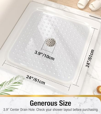 HITSLAM Square Shower Mat, Non Slip PVC Stall Mat, 24"x24", Clear | Power Grip Suction Cups, Center Drain Hole, Built-In Hanging Holes, Machine Washable Bathroom Floor Mat, Soft On Feet - color: Crystal Clear