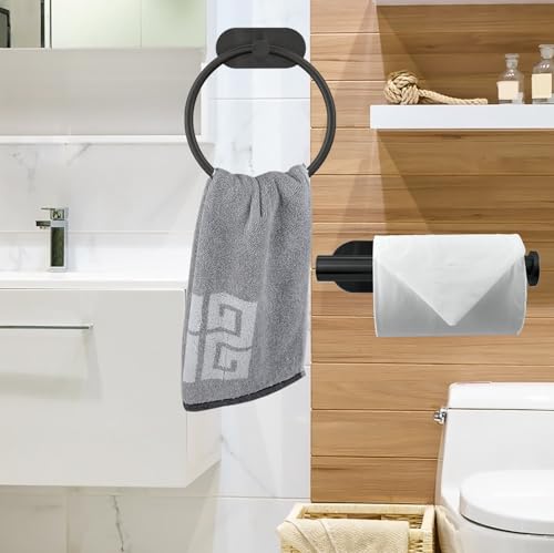 Self Adhesive Towel Ring and Toilet Paper Holder, No Drilling Stainless Steel Bathroom Hardware Set, Sturdy Bathroom Accessories for Home or Kitchen, Wall Mounted (Black) - color: Black