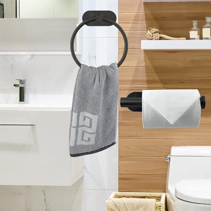 Self Adhesive Towel Ring and Toilet Paper Holder, No Drilling Stainless Steel Bathroom Hardware Set, Sturdy Bathroom Accessories for Home or Kitchen, Wall Mounted (Black) - color: Black