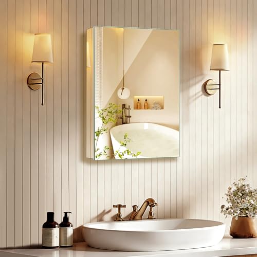 14 x 18 Inch Bathroom Medicine Cabinet with Mirror, Medicine Cabinet Mirror, Bathroom Mirror with Storage with One Adjustable Shelf, Assembly Required, Support Recessed or Surface Mount - size: 14 x 18