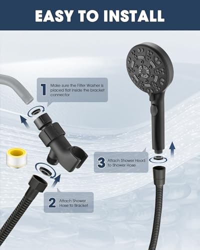 Handheld Shower Head with 6.56ft Extra Long Hose, On Off Switch 8-Seting High Preesure Hand Held Showerhead, Low-Reach Adhesive Holder for Kid, Disable& Elder (Matte Black) - color: Matte Black