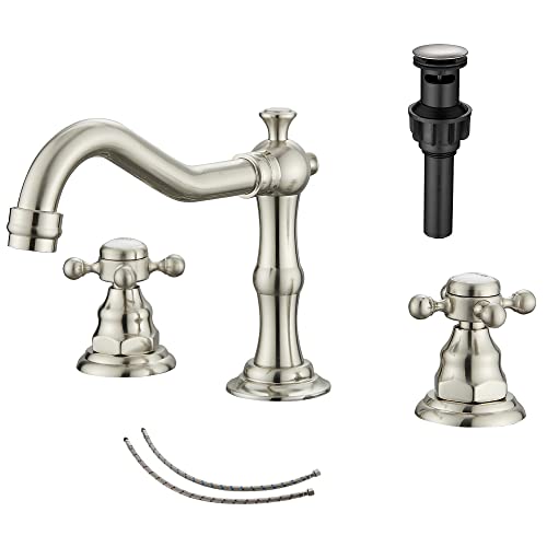 2 Handles 3 Holes Faucet Widespread Bathroom Sink Faucet Brushed Nickel Basin Tap Mixer Faucet Matching Pop Up Drain - color: Brushed Nickel, style: Ceramic Cover