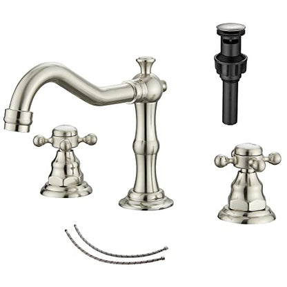 2 Handles 3 Holes Faucet Widespread Bathroom Sink Faucet Brushed Nickel Basin Tap Mixer Faucet Matching Pop Up Drain - color: Brushed Nickel, style: Ceramic Cover