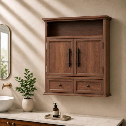24" Wall Mounted Bathroom Storage Cabinet with Adjustable Shelf, Open Shelf, Double Doors and Full-Width Drawer, Farmhouse Floating Cabinet for Over Toilet,Walnut