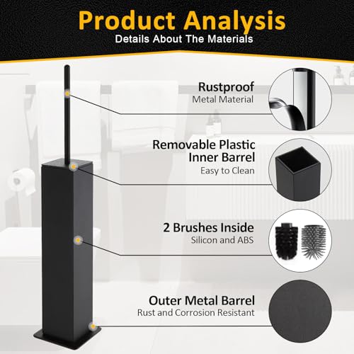 Toilet Brush and Holder Floor Standing, Black with 2 Replaceable Heads, Bathroom Toilet Brush, Freestanding Toilet Bowl Brush with Removable Liner and Splash Guard, Modern Square Design - color: Black-standing