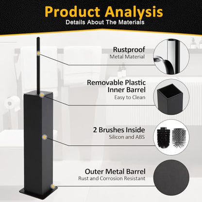 Toilet Brush and Holder Floor Standing, Black with 2 Replaceable Heads, Bathroom Toilet Brush, Freestanding Toilet Bowl Brush with Removable Liner and Splash Guard, Modern Square Design - color: Black-standing