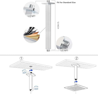 NearMoon Rain Shower Head With Shower Arm, Ceiling Mount Square Shower, Stainless Steel Ceiling Rainfall Showerhead- Waterfall Full Body Coverage (12 Inch, Chrome) - color: Chrome Finish, size: 12 Inch