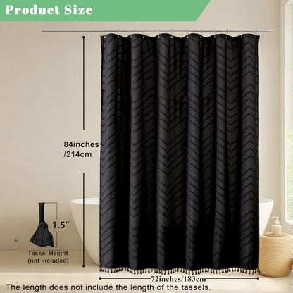 Extra Long Black Boho Shower Curtain, Chic Tufted Chevron Striped Textured Fabric Cloth Shower Curtains with Tassel for Bathroom, Soft Hotel Style Farmhouse, Machine Washable, 72x84 - color: Black, size: 72"W x 84"L (Pack of 1)