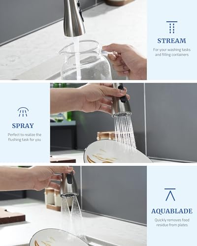 Kitchen Faucet Spray Head Replacement, Pull Down Sprayer with 15 Adapters | Pull Out Faucet Spray Nozzle, 3 Modes Stream/Spray/Strong Spray, DOE CEC Certified, Simple Installation, Brushed Nickel - color: Brushed Nickel