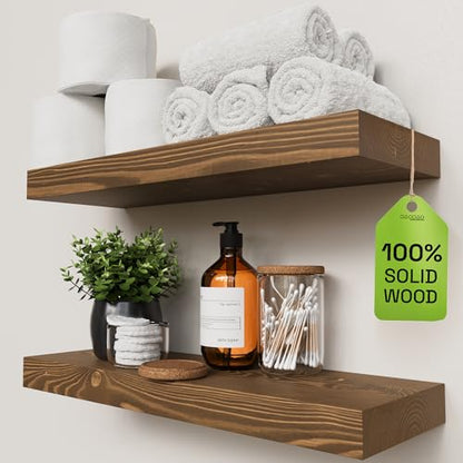 Solid Wood Floating Shelves for Wall 20 Inch Walnut, Wooden Bathroom Shelf | Real Wood, 20 Inches Wide, Heavy Duty, Wall Mounted, Kitchen Bedroom, Rustic Farmhouse, Walnut Finish, 20W × 6.7D, Set of 2 - color: Walnut, size: 20 Inch