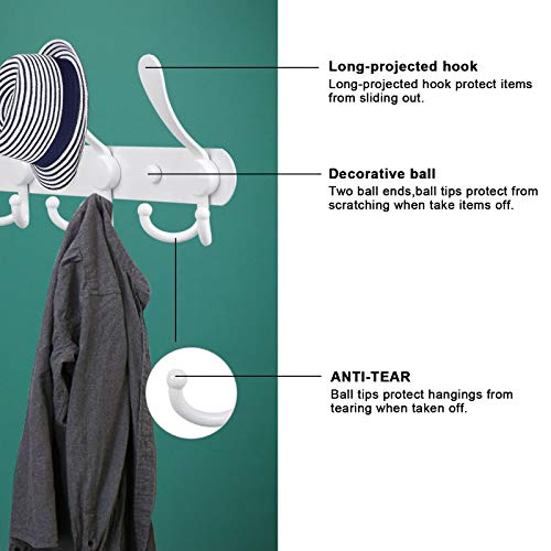 Coat Rack Wall Mount, Heavy Duty with 5 Tri Wall Hooks, Stainless Steel Hooks for Hanging Jackets, Hangers, Hats, Bags, Towels, Purse (White, 2Packs) - color: White