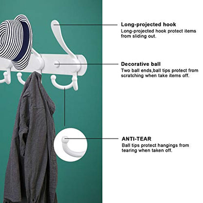 Coat Rack Wall Mount, Heavy Duty with 5 Tri Wall Hooks, Stainless Steel Hooks for Hanging Jackets, Hangers, Hats, Bags, Towels, Purse (White, 2Packs) - color: White