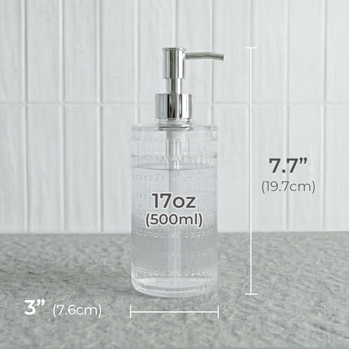 Fluted Glass Hand Soap Dispenser with Silver Slim Pump,17oz | Clear Ribbed Glass Bottle for Bathroom, Dish Soap Dispenser for Kitchen, Rust-Proof Pump - color: Silver Slim