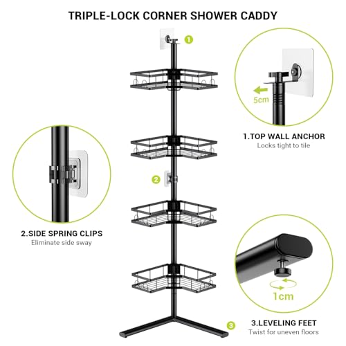 Standing Corner Shower Caddy - 4-Tier Rustproof Adjustable Shower Shelves | No Drill Floor Standing Shower Organizer, for Tall Shampoo, Conditioner, Fits Renters, Apartments, Bathtubs & Walk-in Showers