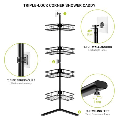 Standing Corner Shower Caddy - 4-Tier Rustproof Adjustable Shower Shelves | No Drill Floor Standing Shower Organizer, for Tall Shampoo, Conditioner, Fits Renters, Apartments, Bathtubs & Walk-in Showers