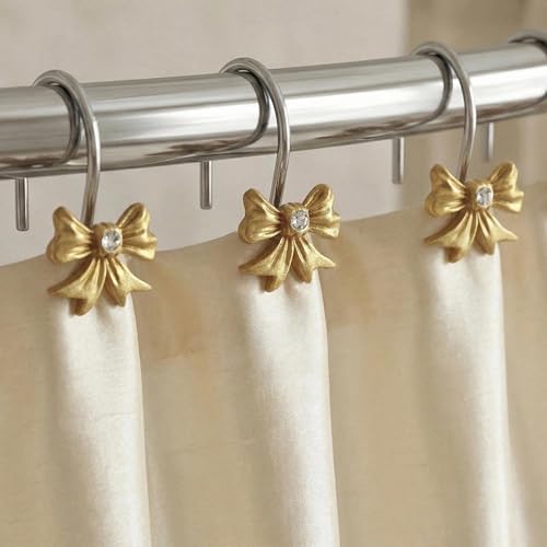 Gold Bow Shower Curtain Hooks: Decorative Bathroom Curtain Rings, 12Pcs | Cute Rustproof Hangers for Valentine & Xmas Holiday Bathroom Decor, Chic Coquette Accessories & Housewarming Gift for Girls - color: Gold