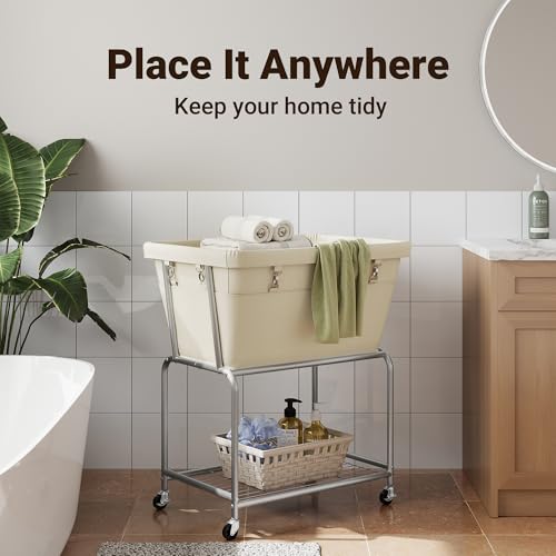 ELYKEN Rolling Laundry Hamper with Wheels, Removable Bag, Laundry Cart | 32-Gallon (122L), 2-Tier Clothes Basket with Shelf, Metal Frame, Ideal for Closet, Bedroom, Bathroom & Laundry Room, Cream - color: Cream, size: 27.4"L x 19.9"W x 30.9"H
