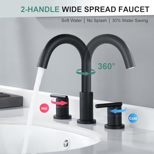 Faustina Black Bathroom Faucets,8 Inch Widespread Bathroom Faucet for Sink 3 Hole,Bathroom Faucet with Pop Up Drain,cUPC Water Supply Line,2-Handles Stainless Steel Vessel Sink Faucet Basin Mixer Tap - color: Black, style: Modern Widespread