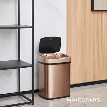 Ninestars 3 Gallon Automatic Trash Can, 12L Touchless Motion Sensor Bathroom or Bedroom Garbage Can with Odor-Sealing Lid, Rectangular Gold Stainless Steel Base, Black Lid - color: Rose Gold/Black