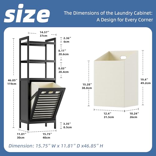 HITNET Tilt Out Laundry Hamper, Bamboo Bathroom Cabinet with Pull Out Removable Bag and 3 Tier Storage Shelves, 10 Gal Clothes Basket with Metal Handle, Black - color: Black
