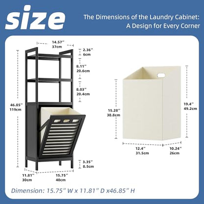 HITNET Tilt Out Laundry Hamper, Bamboo Bathroom Cabinet with Pull Out Removable Bag and 3 Tier Storage Shelves, 10 Gal Clothes Basket with Metal Handle, Black - color: Black