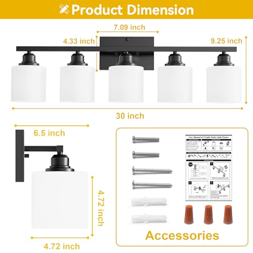 5-Light Bathroom Light Fixtures Over Mirror, Matte Black Vanity Lights, Modern Bathroom Vanity Light, Glass Shade & Anti-Rust Nickel Finished, Bathroom Light for Small Space - color: Black-5 Light