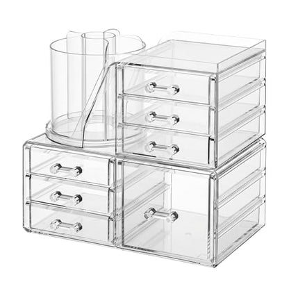 ShineMe Make Up Organizers for Vanity, 2 Tier Acrylic Stackable Cosmetic Organizer with Rotating Makeup Brush Holder & 7 Drawers, Clear Hair Accessory Organizer Countertop for Dresser, Bathroom - size: 2tire, 7 drawers