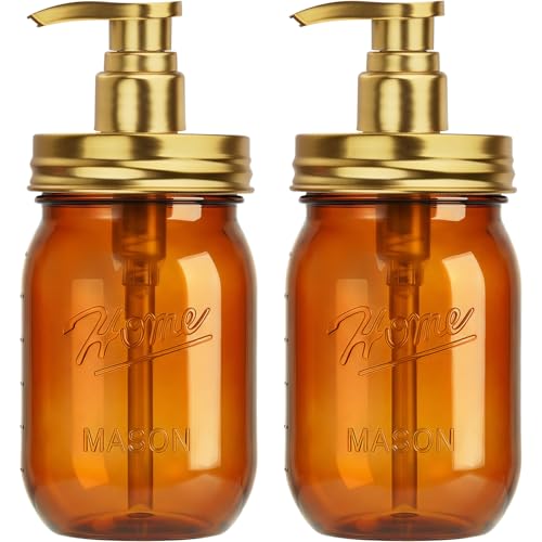 Amolliar Plastic Mason Jar Soap Dispenser with Pump Lid 16OZ -2 Pack Amber | Refillable BPA-Free Hand Soap Dispenser Set with Cute Lables, Farmhouse Decor for Kitchen Bathroom Liquid Dish Soap Lotion - color: Amber Jar With Gold Pump