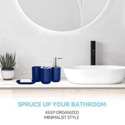 Blue Bathroom Accessories Set 4 PCS, Blue Bathroom Accessories | Plastic Soap Dispenser and Toothbrush Holder Set, Soap Dish and Mouthwash Cup, Boho Bathroom Decor, Bathroom Set - size: 4Pcs Blue