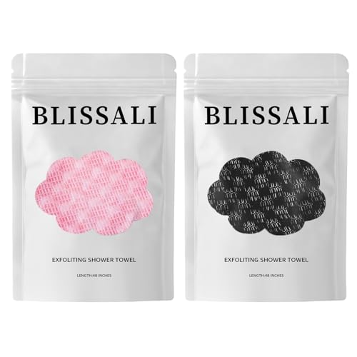 2Pcs Exfoliating Washcloth Towel, Long Dual-Sided Exfoliating Body Scrubber Exfoliator, Back Scrubber Deep Cleansing & Gentle Exfoliation, Quick-Drying Bath Towel for All Skin Types (Black & Pink)