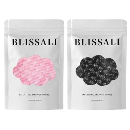2Pcs Exfoliating Washcloth Towel, Long Dual-Sided Exfoliating Body Scrubber Exfoliator, Back Scrubber Deep Cleansing & Gentle Exfoliation, Quick-Drying Bath Towel for All Skin Types (Black & Pink)
