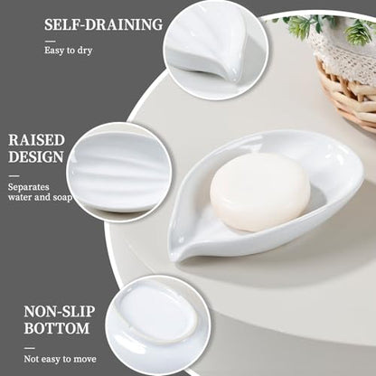 Soap Holder, Self-Draining White Soap Dish, Leaf Shape Ceramic Bar Soap Holder Drain Soap Dishes for Bathroom Sink Kitchen, Easy to Clean Keeps Soap Dry, ANTIS'S HOME - color: White-1pcs-line