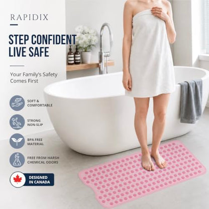 Non-Slip Bathtub Mat – 39"x15.5" Extra Long Shower Mat with Powerful Suction Cups & Drain Holes, Machine Washable Bath Mat for Tub, Foot Massage Texture, Helps Keep Tubs Clean, Clear Pink - color: Light Pink