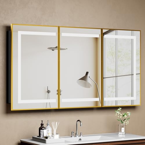 LOVMOR Led Medicine Cabinet with Mirror, Bathroom Vanity Mirror Cabinet with Shelves, 3-Color Lights Dimmer (Gold, 32" H x 60" W) - color: Gold, size: 32" H x 60" W