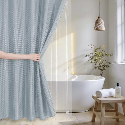 QiyI 3 in 1 Waffle Shower Curtain Set with Liner, Fog Blue, 72 x 72 | Shower Curtain and Liner Set with Hooks, Waterproof Bathroom Curtain with PEVA Liner & 12 Double Sided Clear Plastic Rings - color: Fog Blue, size: 72"W x 72"L (Pack of 1)