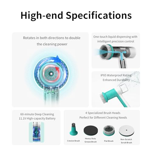 Dual-Rotation Electric Spin Scrubber, Cordless Shower Scrubber - IPX5 Waterproof Multi-Surface Cleaning Brush for Bathroom, Kitchen, Tile, Glass & More - Includes 4 Brush Heads