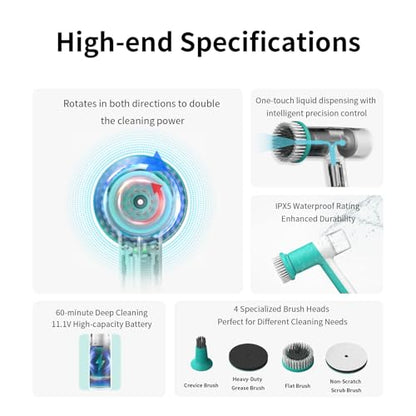Dual-Rotation Electric Spin Scrubber, Cordless Shower Scrubber - IPX5 Waterproof Multi-Surface Cleaning Brush for Bathroom, Kitchen, Tile, Glass & More - Includes 4 Brush Heads