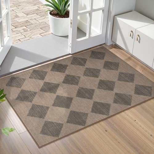 Lahome Zelie Checkered Washable 2x3 Brown Kitchen Rugs Non Slip, Small Printed Indoor Door Mat for Entryway, Moroccan Trellis Ultra-Thin Throw Carpet for Bedroom Laundry Entrance Decor (2'x3',Brown) - color: Brown, size: 2' x 3' (Rectangular)