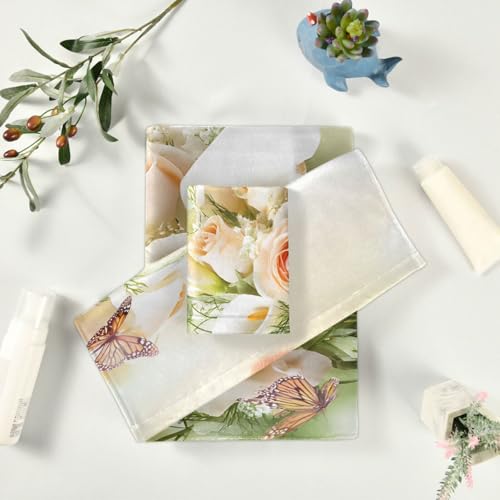 Towel Bathroom Sets, Bouquet Yellow Roses And White Calla Lilies Butterfly Towels 3-Piece 1 Bath Towel 1 Washcloth 1 Hand Towel, Bath Towel Set of 3 Soft Multifuntion for Home Kitchen Hotel Gym Swim S - color: Multi06