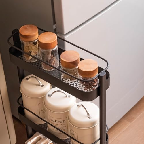 Rolling Storage Cart, 3 Tier Bathroom Organizer Mobile Shelving Unit, Metal Utility Cart Tower Rack for Kitchen Laundry Narrow Places(Fully Assembled Furniture, Black) - color: Black