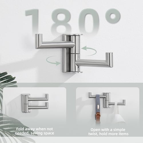 Aomasi Brushed Nickel 2 Pack Swivel Coat Hooks, 304 Stainless Steel Foldable Towel Hooks with 2 Rotating Arms, Wall Mounted - color: Brushed Nickel, size: 2 Pack