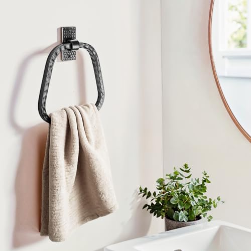 Monarch Abode Bathroom Towel Holder – 7-Inch Round Matte Black Bathroom Hand Towel Holder for Bathrooms Wall, Metal Hand Hammered Towels Ring Wall Mount, Modern Surface-Mounted Ring Hanger - color: Matte Black, style: Modern